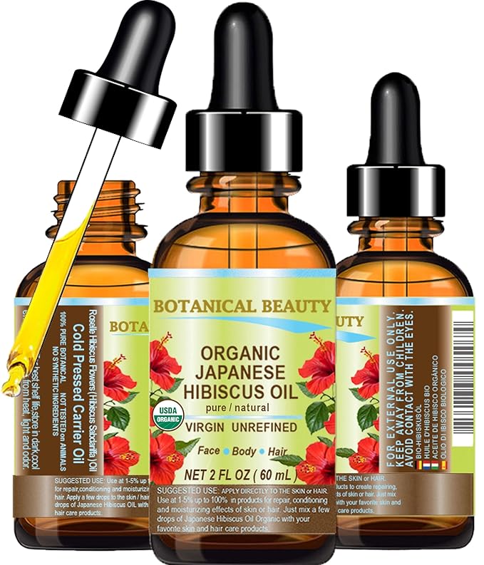 Botanical Beauty Organic HIBISCUS OIL (Hibiscus Sabdariffa) JAPANESE 100 Pure Natural VIRGIN UNREFINED COLD PRESSED Anti Aging, Vitamin E oil for FACE, SKIN, HAIR GROWTH 2 Fl.oz.- 60 ml