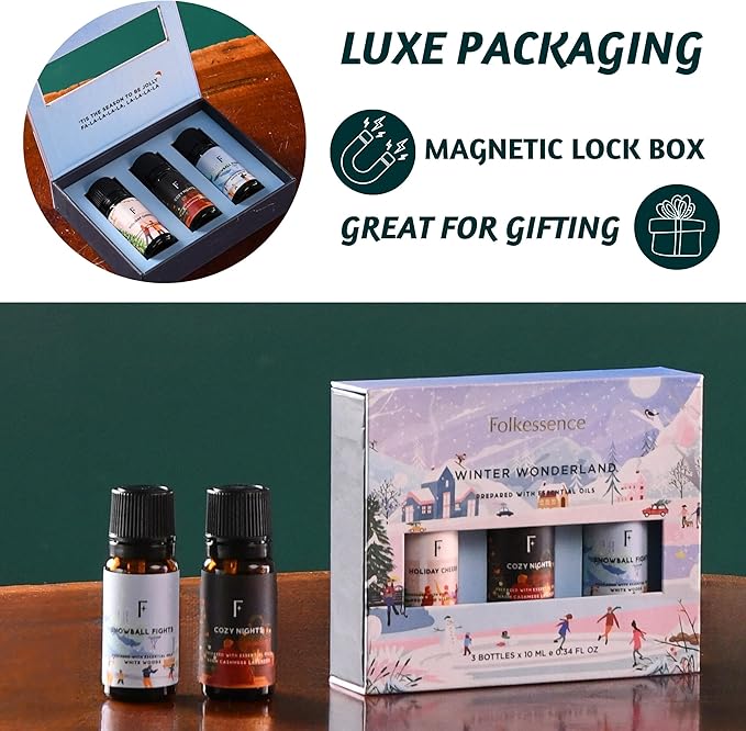 Folkulture Christmas Fragrance Oil, Pack of 3 Christmas Essential Oils Set Scented for Diffusers for Home, Christmas Gifts or Mom's Gift - White Woods Cashmere Lavender - (Winter Wonderland)