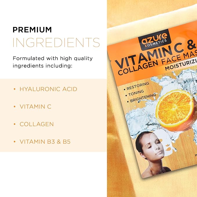 AZURE Vitamin C & Collagen Moisturizing Facial Mask - Anti Aging, Deeply Moisturizing & Firming - Skin Care Made in Korea - 5 Pack
