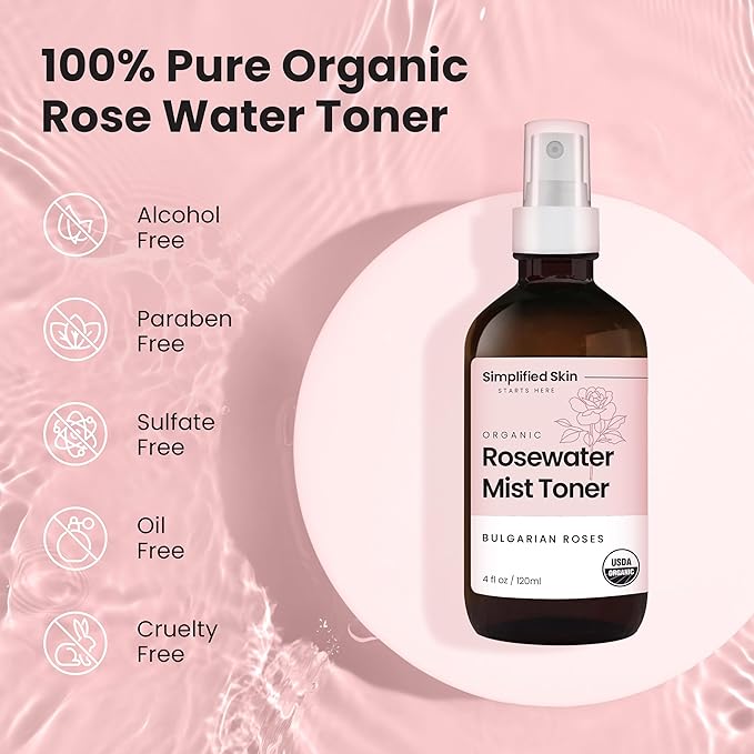 Rose Water Spray for Face & Hair (Refill Size) - Organic USDA Certified Rosewater Facial Toner - Alcohol-Free Makeup Setting Hydrating Face Mist - Anti-Aging Toner Spray - 8 Fl Oz