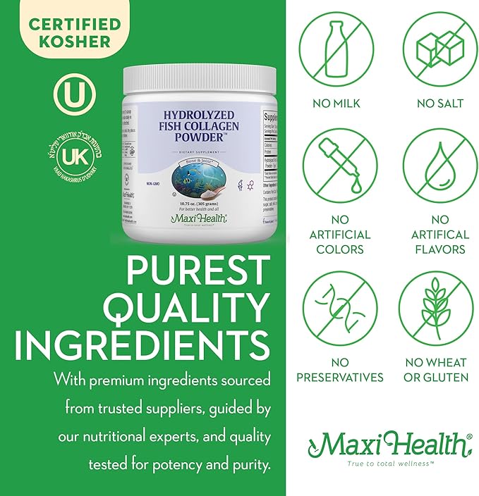 Maxi Health Collagen Powder - Collagen Protein Powder - Marine Collagen Powder for Women & Men - Type I Unflavored Fish Collagen Hydrolyzed Collagen Protein - Hair Growth & Skin Supplement (10.75 oz)