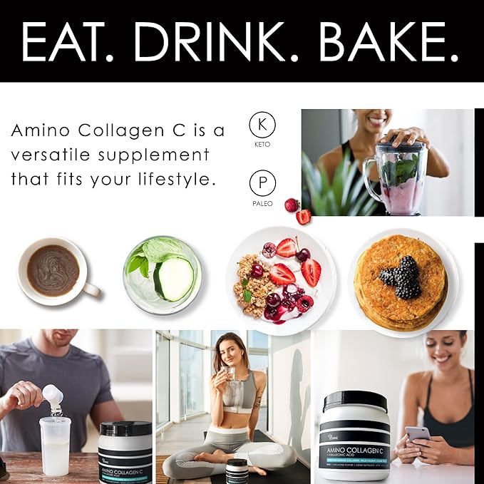 Amino Collagen C with Hyaluronic Acid (60 Servings _ 16oz _456g) - Non-GMO Marine Collagen Peptides - Hydrolyzed Powder - Unflavored - No Sugar - For Firm Skin, Hydration, Healthy Joints and Gut.