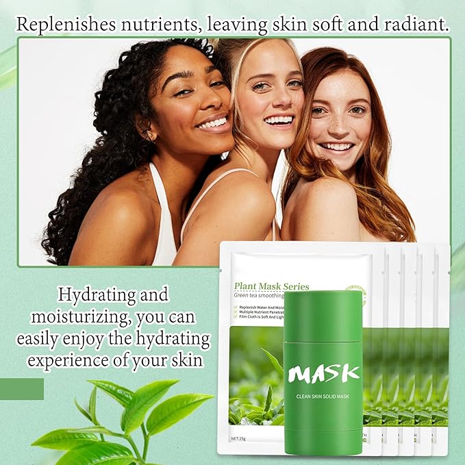 5PCS Green Tea Face Sheet Masks Set, 2PCS Oil Control Long Lasting Moisturizing Blackhead Remover Facial Mask Clay Stick, Deep Pore Cleansing Face Mask Skin Care for All Skin Types（7PCS）