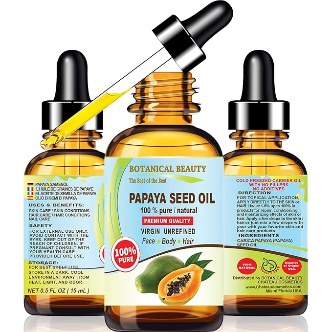 Botanical Beauty PAPAYA SEED OIL WILD GROWTH 100% Pure Natural Virgin Unrefined Undiluted Cold Pressed Carrier Oil for Face, Skin, Hair, Lip, Nails 0.5 Fl. oz. - 15 ml