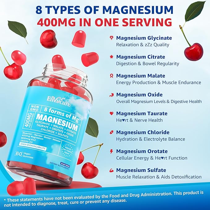 Magnesium Gummies 400mg | as 8 Forms of Magnesium Glycinate, Malate, Citrate, Taurate, Oxide, and More | with Ashwagandha Extract, D3 & B12 Supports for Calm, Zzz, Mood, Muscle Cramp - Vegan 120 Cts