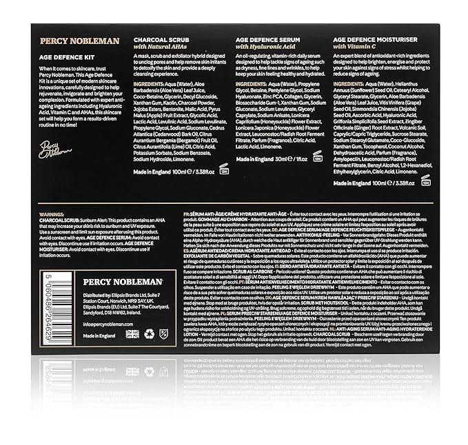 Age Defence Kit, a men's skincare set containing Charcoal Face Scrub (with Natural AHAs), ultra-hydrating Facial Serum (with Hyaluronic Acid), and Moisturiser (with Vitamin C)