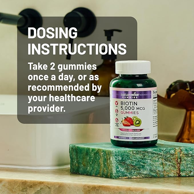 NatureWise Biotin Gummies - Supports Healthy Hair, Skin and Strong Nails - Vitamin B7 5000mcg - Natural Beauty - Strawberry-Kiwi Flavor - Vegan, Non-GMO, Gluten Free - 180 Count[90 Day Supply]