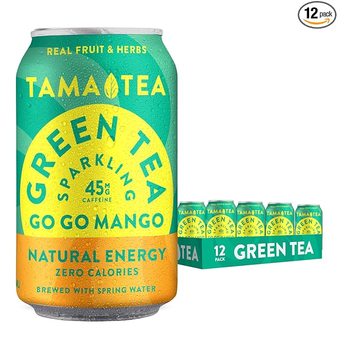 Sparkling Mango Green Tea by Tama Tea - Made with Real Fruit & Herbs - Zero Sugar, Zero Calories, Non-GMO - Naturally Energizing Green Tea High in Antioxidants & Nootropics - Pack of 12