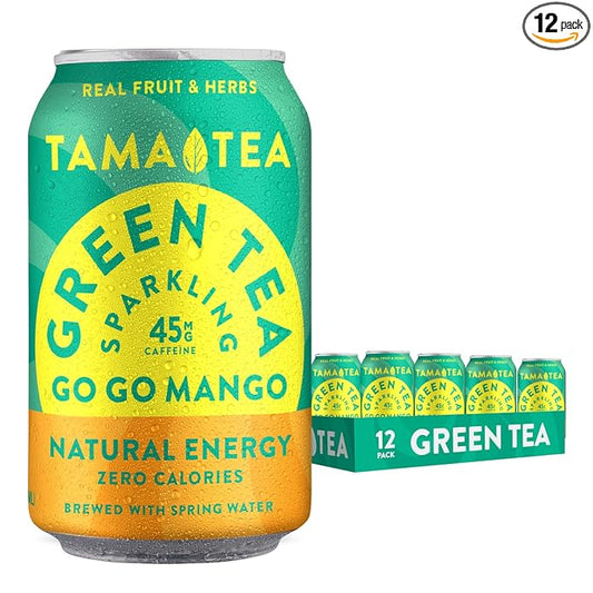 Sparkling Mango Green Tea by Tama Tea - Made with Real Fruit & Herbs - Zero Sugar, Zero Calories, Non-GMO - Naturally Energizing Green Tea High in Antioxidants & Nootropics - Pack of 12
