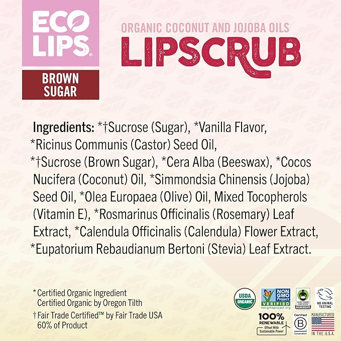 Eco Lips Brown Sugar Lip Scrub 2 Pack - 100% Organic Lip Care Treatment with Organic Sugar and Coconut Oil - Gently Exfoliate and Polish Dry, Flaky Lips, 0.50 oz jars