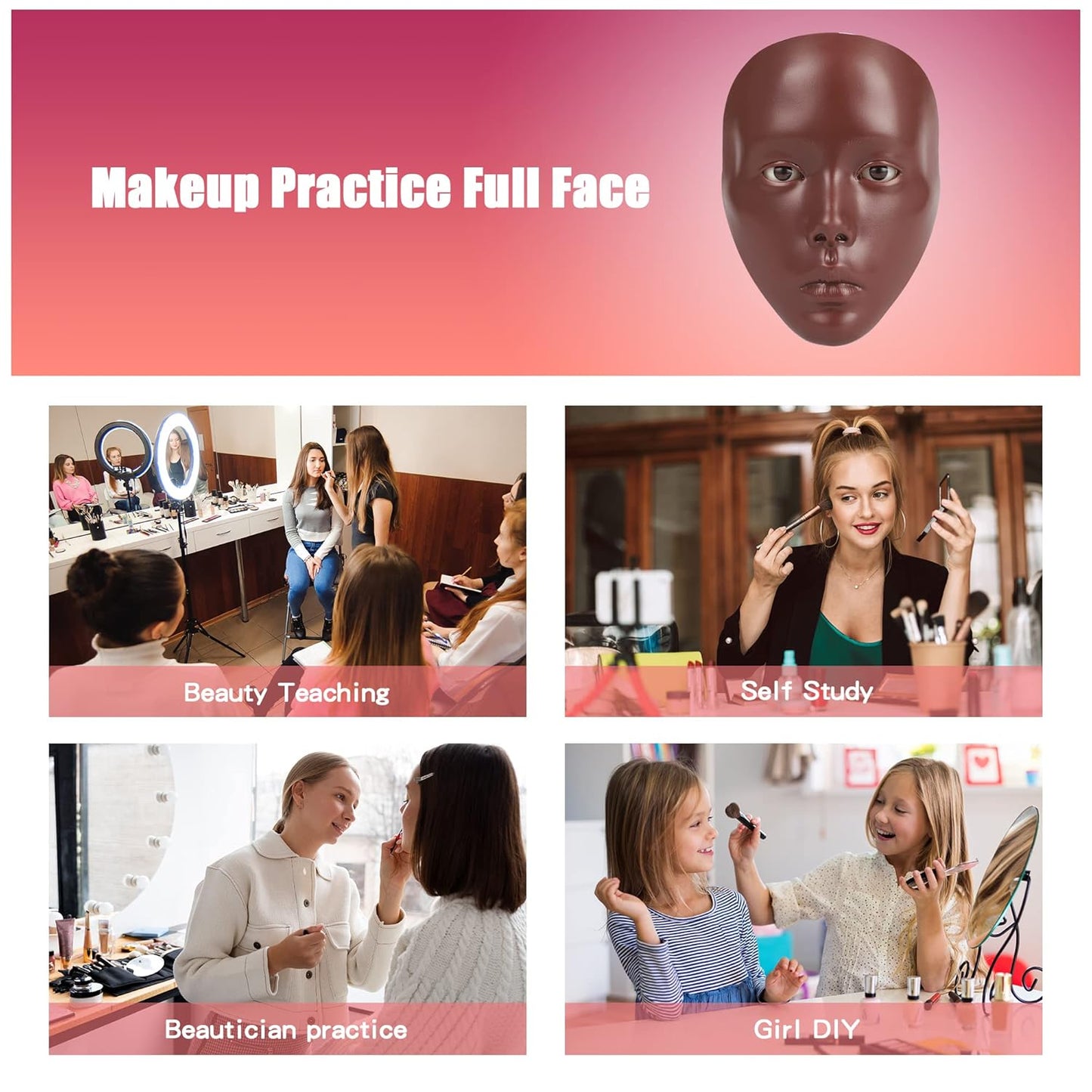 Makeup Practice Face, 5D Reusable Silicone Make up Practice Board Mannequin Face with Makeup Brushes Sponge Set and Eyeshadow Board Kit for Emerging Artist, Girl's Gift, Black