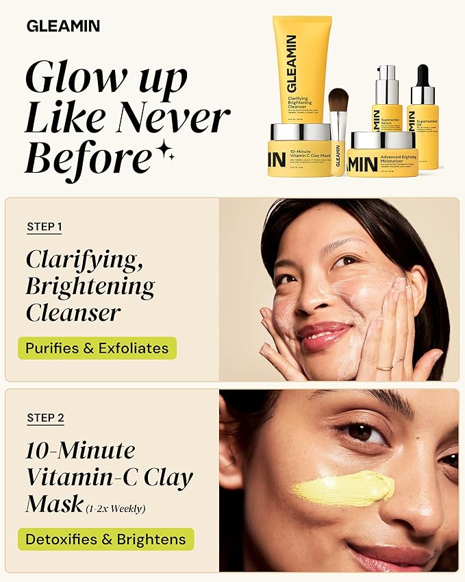 Gleamin Brightening Skincare Bundle – Mask, Serum, Cleanser, Moisturizer & Oil for Dark Spots, Uneven Tone, and Glowing Skin – Complete Vitamin C Skincare Routine