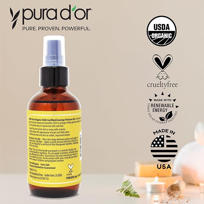 PURA D'OR Organic Evening Primrose Oil (4oz) 100% Pure Cold Pressed w/Natural Essential Fatty Acids & Antioxidant Rich - Moisturizes, Rejuvenates, Renews & Restores - Skin, Hair & Face