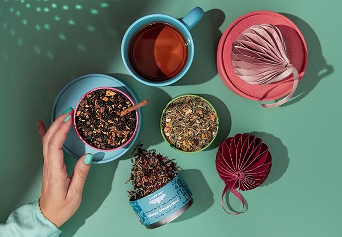 JusTea HOLIDAY TEA TRIO | Stacking Tins Variety Pack with Hand Carved Tea Spoon | Loose Leaf Tea | Variable Caffeine | Award-Winning | Fair Trade | Non-GMO