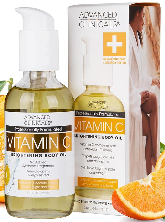 Advanced Clinicals Vitamin C Body Oil Skin Care Moisturizer W/Vitamin E & Turmeric - Nourishing, Brightening, & Hydrating Body Oil To Improve Look Of Dark Spots, Dry Skin, & Stretch Marks, 3.8 Fl Oz