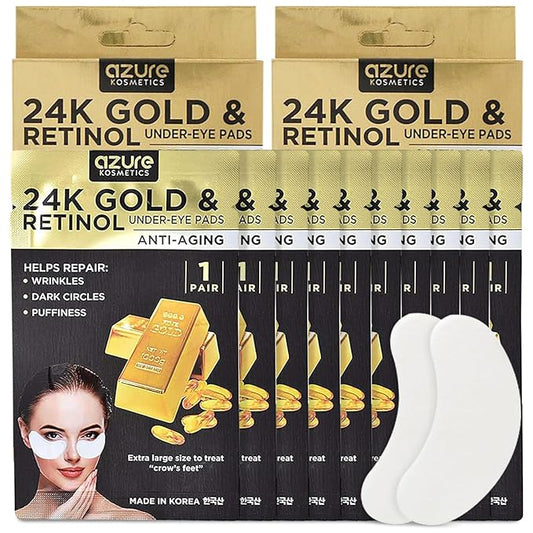 AZURE 24K Gold & Retinol Anti Aging Under Eye Patches - Firming, Restoring & Deeply Hydrating Eye Mask - Reduces Fine Lines, Wrinkles, Dark Circles & Puffiness - Skin Care Made in Korea - 10 Pairs