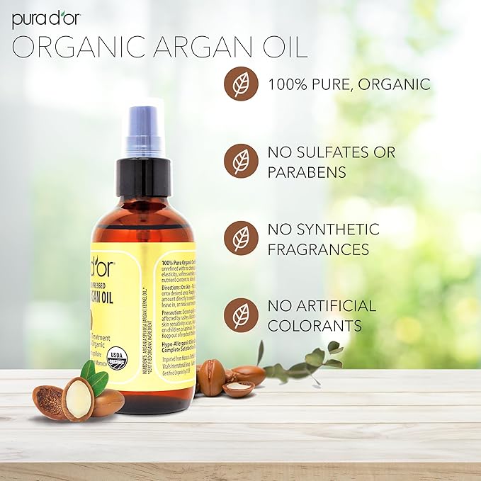 PURA D'OR 4 Oz ORGANIC Moroccan Argan Oil - USDA Certified 100% Pure & Cold Pressed Virgin Premium Grade Natural Moisturizer Treatment For Dry, Damaged Skin, Hair, Face, Body & Scalp - Men & Women