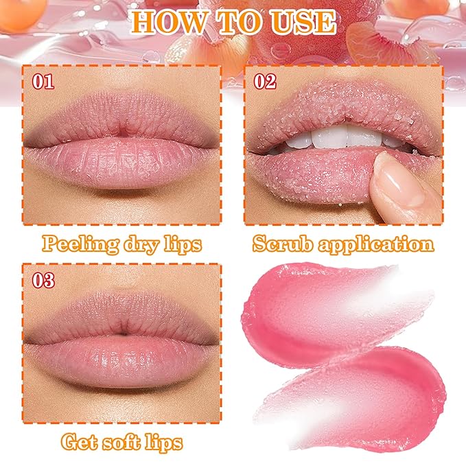 2 Pack Peach Lip Scrub Set,Long Lasting Moisturizing Lip Scrubber Exfoliator, Cleansing Hydrating Lip Exfoliator Scrub and Moisturizer Kit for Chapped Dry Lips