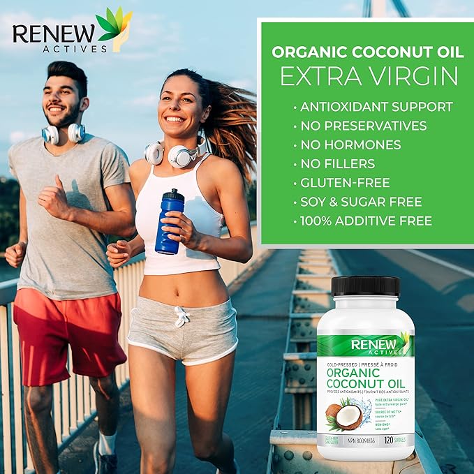 Renew Actives Coconut Oil Supplement 2000MG per 2 Softgels - Premium Source of Antioxidants, Natural Fatty Acids & Metabolism Support for Optimal Health & Energy - Made in Canada - 120 Softgels
