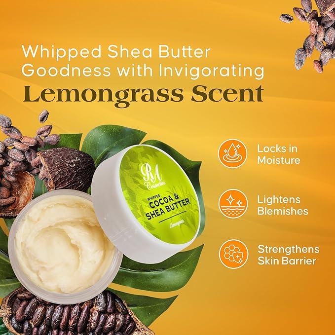 RA COSMETICS Whipped Cocoa & Shea Butter, Lemongrass - 12oz | 100% Pure & Natural Skin Moisturizer with Coconut Oil | Vitamin-Rich Body Butter for Soft, Supple, and Radiant Skin & Healthy Hairs