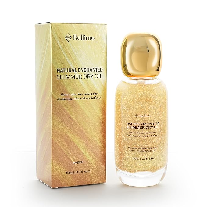 Body Shimmer Oil, Multi-Purpose Shimmer Radiance Body Oil, Rose Gold Body Glow Oil with Natural Ingredients & Mica Particles, Body Glitter Oil for Face, Body & Hair, Enhances Dark Tones & Tans