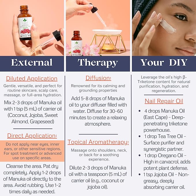 100% Pure Manuka Oil from New Zealand | Therapeutic-Grade Essential Oil for Wound Care, Skin Soothing, Nail & Scalp Health | Organic, Undiluted, Cold-Pressed Manuka for Face, Hair & Body