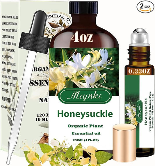 4 Fl Oz/120 ml Honeysuckle Essential Oil, Send Gift Roll-on (10 ml) - 100% Natural, Aromatherapy, Diffuser, Massage, Yoga, DIY Soap and Candle Making, Fragrance Oils, Spa Skin Care