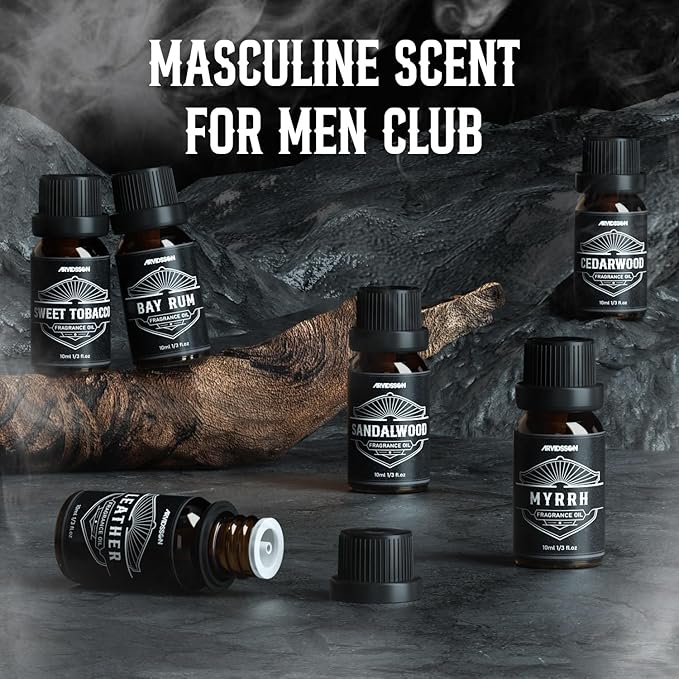Essential Oils for Men, ARVIDSSON Masculine Essential Oils, Manly Fragrance Oils for Diffuser, Sandalwood, Cedarwood, Leather, Sweet Tobacco, Bay Rum, Myrrh, Gift for Men