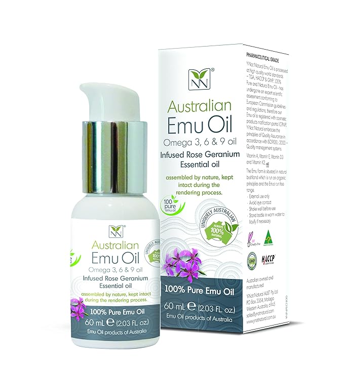 Y-Not Natural Ultra Pure Australian Emu Oil - Luxury, Hospital Grade Emu Oil 60 mL | Free Range Aboriginal Omega 3, 6 & 9 Oil Infused with Rose Geranium - The Ultimate Moisturizer for Skin, Hair, Nails, and Scalp