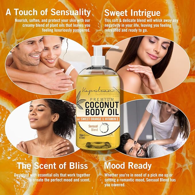 Kapuluan Raw Coconut Oil for Skin, Hair – Raw Extra Virgin Coconut Oil 200ml and Massage Body Oil, Orange Essential Oil - 8 oz - Bundle