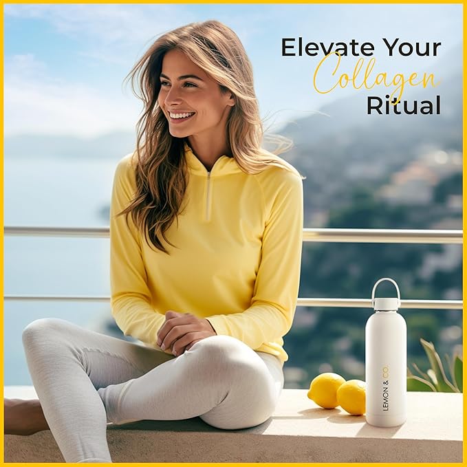 Lemon & Co. 12-Week Wellness Bundle – Liquid Collagen Elixir for Women & Men + Stainless Steel Insulated Bottle – 5g Marine Collagen for Skin, Hair, Nails, Gut Health | Organic Lemons, No Preservative