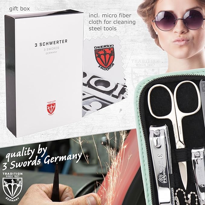 3 Swords Germany - brand quality 8 piece manicure pedicure grooming kit set synthetic leather case mint - Made in Germany