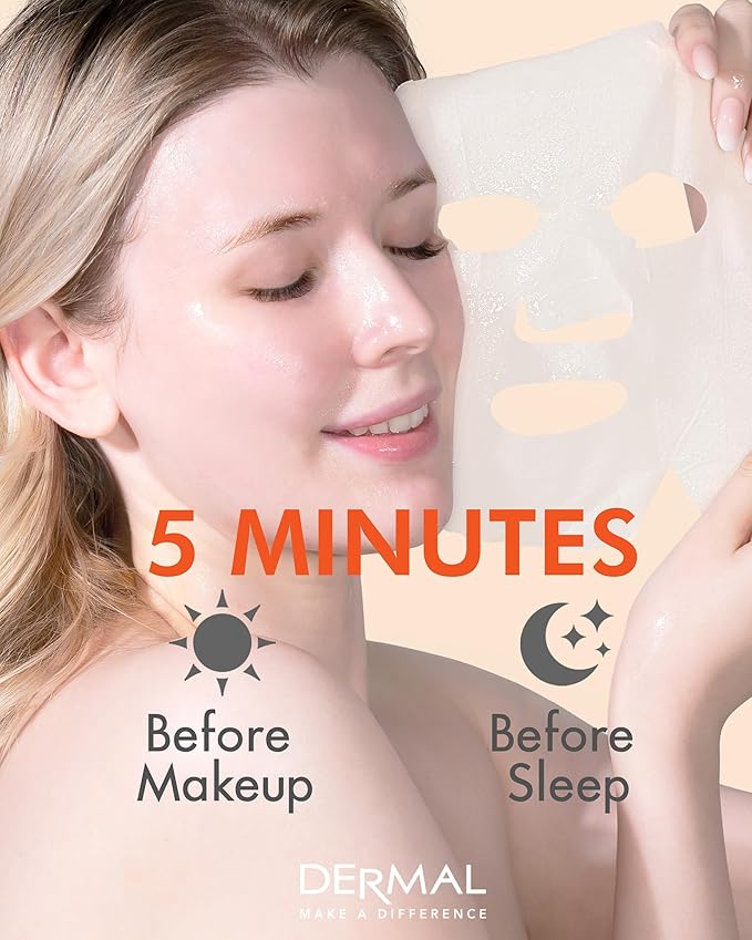 DERMAL Q10 Collagen Essence Facial Mask Sheet 23g Pack of 10 - Coenzyme Q10, Anti Wrinkle and Anti Aging, Skin Elasticity, Daily Skin Treatment Solution Sheet Mask