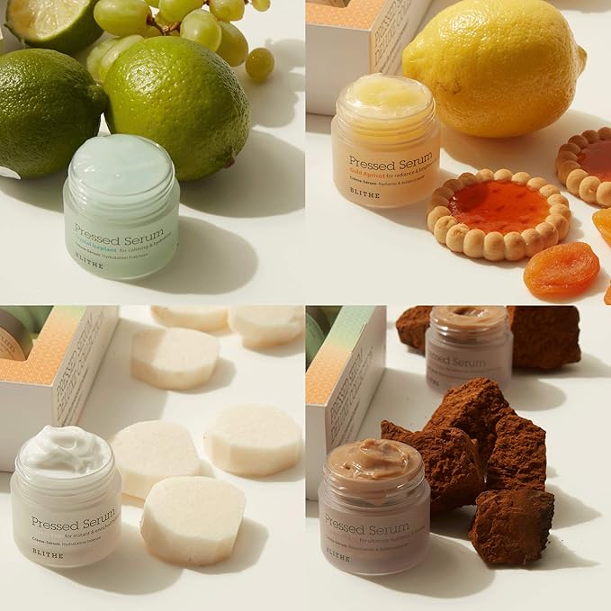 Blithe Pressed Serum Deluxe Collection Face Moisturizer - Hypoallergenic Facial Creams with Ingredients of Chaga Iceplant Yam & Apricot - Korean Beauty for All Seasons (Box Set 4pcs of 0.74 Fl Oz)
