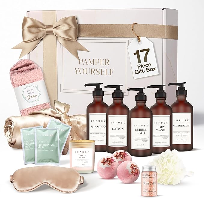 17-Piece Luxury Gift Set with Robe | Complete White Tea & Coconut Bath Collection | Self-Care Kit with Bath Bombs, Face Masks & Hair Care