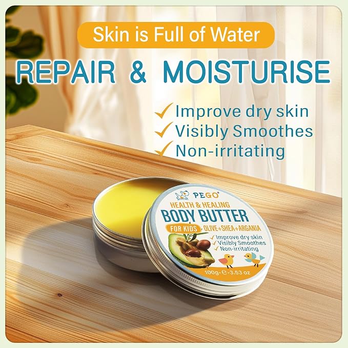 AOAO Body Butter for Kids - Prevents Cracked Skin Cream, Nourishing Moisturizing Kids Body Lotion - Shea Butter & Vitamin E Rich Formula, Paraben, Phenoxyethanol Free, 3.53 Oz/100g