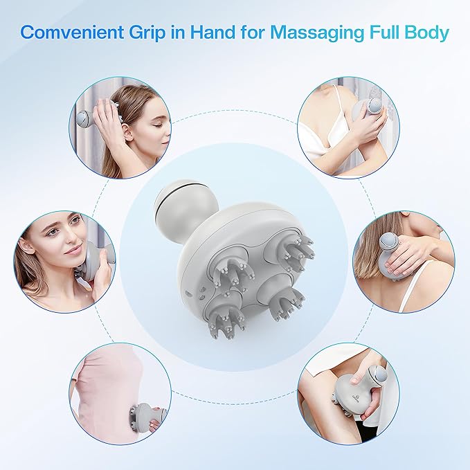 COMFIER Electric Scalp Head Massager with 4 Soft Silicone Massage Heads, Portable Hair Massager for Hair Growth, Relieve Stress, Head Scratcher for Deep Relaxation, Dog Cat Massager, Gray