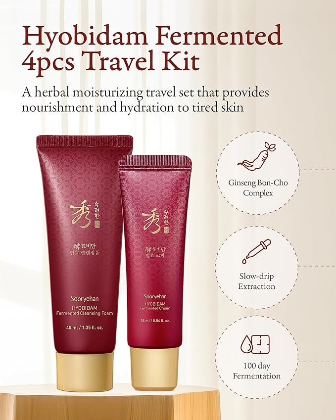 Sooryehan Hyobidam Fermented Travel Kit (Pack of 4) - Herbal korean skincare set with Toner, Emulsion, Cream & Cleansing Foam, featuring Baekhyodan™ & Silver Mushroom. for hydration & elasticity.