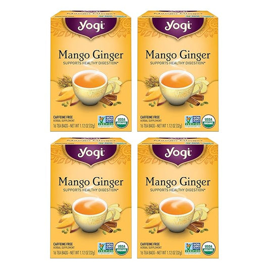 Yogi Tea Mango Ginger Tea - 16 Tea Bags per Pack (4 Packs) - Organic Ginger Root Tea to Support Healthy Digestion - Contains Antioxidants - Includes Cinnamon Bark, Rooibos Leaf, Mango Flavor & More