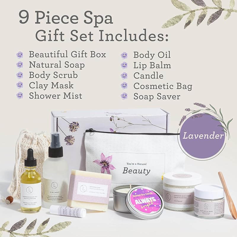 Lizush Luxury Spa Gifts for Women - 9 Piece Lavender Gifts for Her, Gift Baskets for Women, Body Care Set for Mom, Birthday Box For Women, Self Care Spa Kit For Wife - Handmade in the USA