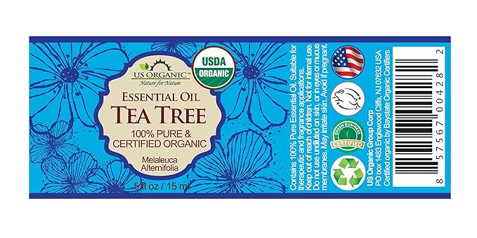 US Organic 100% Pure Tea Tree Essential Oil, Steam Distilled, USDA Certified Organic, for Hair, Skin, Scalp, Foot, Toenails, and More. Sourced from South Africa, Undiluted, Non-GMO (15 ml)
