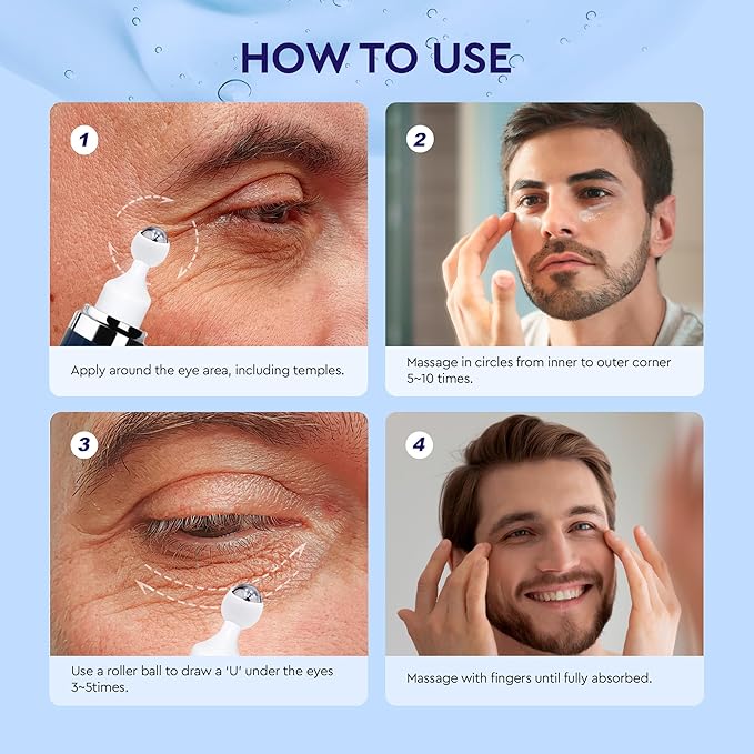 Eye Bags Treatment for Men: Men’s Under Eye Cream and Roller for Puffiness and Dark Circles – 5% Caffeine Depuffer