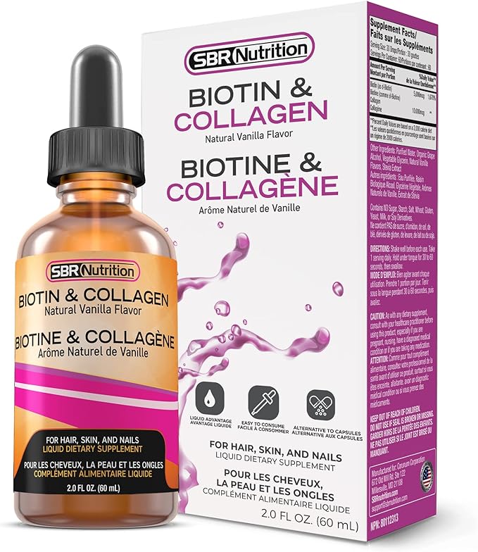 SBR Nutrition Biotin and Collagen Liquid Daily Dietary Supplement, Vitamins for Hair Growth and Thickening, Skin Health and Nail Strength, 2 oz (60mL)