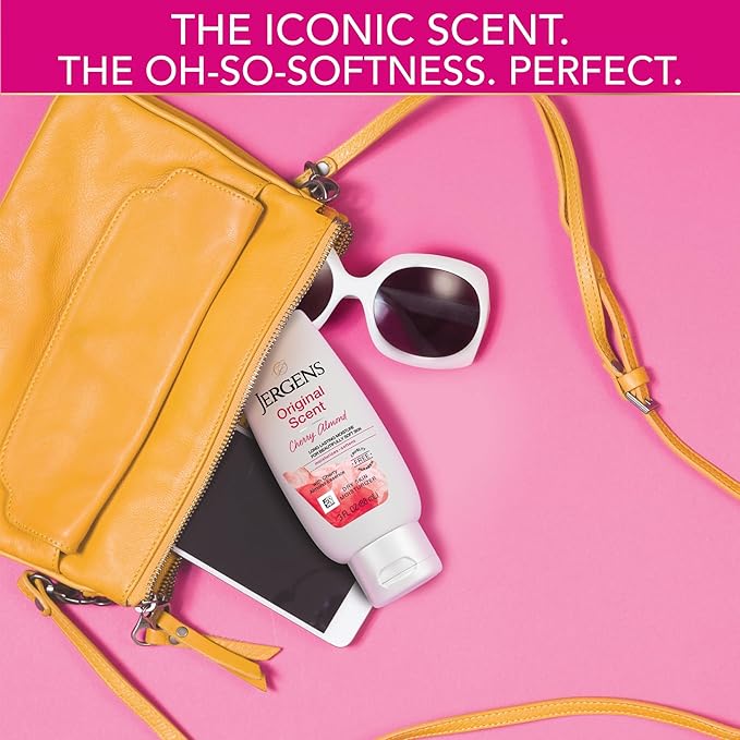 Jergens Original Scent Dry Skin Body Lotion, Hand and Body Moisturizer, Cherry Almond Essence, Dermatologist Tested, 3 Oz, Pack of 8