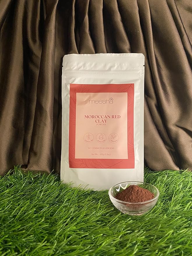 meesha Moroccan Red Clay Powder Red Clay | 3.5 oz (100g) | Detoxifying, cleansing, oil-absorbing, hair-conditioning clay | DIY face masks, body scrubs, dry shampoo, hair shampoo| 100% Natural