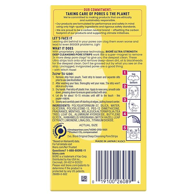 Bioré Witch Hazel Ultra Strength Blackhead Remover Pore Strips, Clears Pores up to 2x More than Original Pore Strips, features C-Bond Technology, Oil-Free, Non-Comedogenic Use, 18 Count