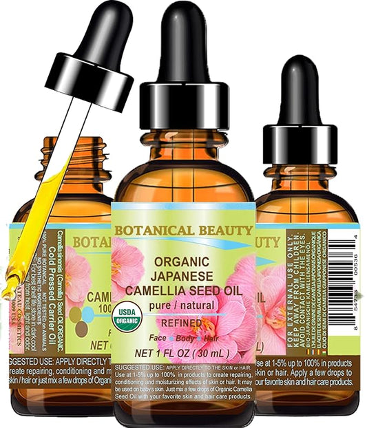 Botanical Beauty Japanese ORGANIC CAMELLIA Seed Oil. 100% Pure Natural Undiluted Refined Cold Pressed Carrier Oil to revitalize and rejuvenate the hair, skin and nails. 1 Fl. oz 30 ml
