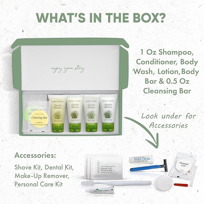 Amenity & Accessory Kit | 1 oz Shampoo, Conditioner, Lotion, Body Wash, Body Bar, Cleansing Bar, Shave & Dental Sets, Make-Up Wipes, Vanity Kit | 1 Set per Case