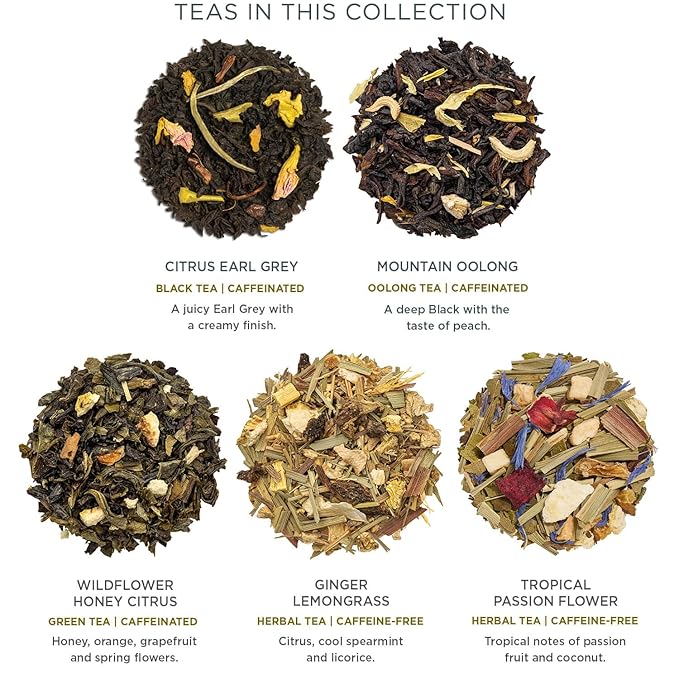 Tea Forte Demoiselle 3-Piece Premium Tea Gift Set with Indigo Cafe Cup and Lid, Tea Tray and 10 Count Mini Presentation Box, 2 of Each Blend Handcrafted Pyramid Infuser Tea Bags