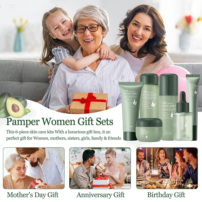 Avocado Skin Care Set, Face Skin Care Set For Women, Skin Care Kit for Women Teens - Cleanser, Toner, Face & Eye Cream, Serum, Facial Lotion, 6PCS Skincare Gift Set Anti-Aging Smooth Hydrating Skin